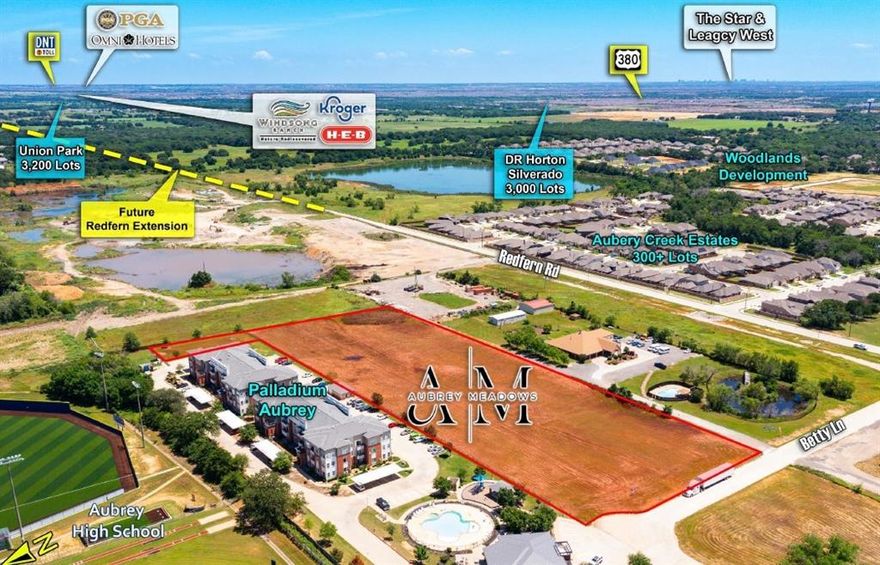Bryan Haggard Land Group proudly presents Aubrey Meadows, a 6.65-acre development site at Highmeadow Dr. and Betty Ln in Aubrey, TX. This site features 5.65 acres zoned for multifamily (18-21 units per acre) and 1 acre for shopping center use, located just a quarter-mile from the highly-rated Aubrey High School. 

The site is ideally situated amidst thriving residential developments, only 5 miles from major retailers like Walmart, McDonald's, and Chick-fil-A, and 13 miles from the PGA Frisco Golf Resort. The site offers superb connectivity, being 24 miles from The Dallas Cowboy’s Headquarters and 36 miles from DFW Airport, making it a prime location for commuters and travelers alike.
With a projected population growth rate of 28.5% over the next five years and average household incomes exceeding $100,000 within a 7-mile radius, Aubrey Meadows addresses a strong demand for both residential and retail development. The site’s robust infrastructure, including a 10 in. wastewater stubbed and an 8 in. water looped system, supports immediate development potential, making this a unique investment opportunity in a rapidly growing community.