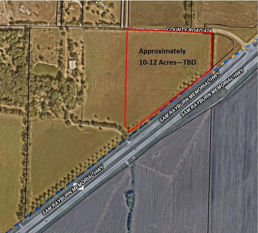 Approximately 10 acres with about 1,000 feet of frontage on Sam Rayburn (SH 121) and 800 ft of frontage on FM 424. This land is in the ETJ and the future zoning is Employment Mix. This is raw land ready to go for your future plans. Clear and level. Ready to build. Don't miss the chance to own this land in a highly desirable area of Anna with amazing vehicular traffic. The Anna and Melissa area a growing at a tremendous rate. This land is also on the path to Bois D' Arc lake. Close to the new HEB, Kroger Signature, Walmart, Home Depot. Close to US 75.