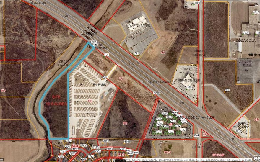 10.8 Acre Development Tract on Interstate 20 within minutes from ACU, Wal-Mart, Hardin Simmons, & Hendrick Medical Center.  The property is currently zoned AO but The City has recommended GC zoning as well as Multi-Family but it could be any number of uses with the natural terrain & frontage on I-20 & Cedar Creek.  4.8 acres are out of the Floodway and can be developed with some flood consideration. A City of Abilene Sewer Line borders the entire length of the property along Cedar Creek with Water & Electric available also. Uses could include a Boat RV Storage facility, Self Storage Units, Office Warehouse Units, Apartments, Landscape Company, Motel, Church, Private Retreat. Besides a commercial business this could be a great location for Short Term Rental Units which could also accommodate horses & large trailers for Events at the Expo Center. See attached drawings and exhibits for this one of a kind opportunity in the heart of Abilene!  Owner-Agent