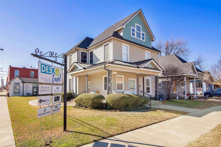 Look Reduced to $699,00 and worth every penny.  A completely renovated 1920s home and carriage house were transformed into remarkable business office space, and art studio, with outdoor event space. Currently, it is home to Desk & Easel, an award-winning cooperative business that is moving to a larger space.  This property would be ideal for creative workspace, a retreat center, restaurant, professional office space, retail, or even a cool bed and breakfast. The Downtown Denison Alliance may provide grants for destination businesses. Denison is business-friendly and was a runner-up in the All-American Downtown awards, as well as recently selected as one of the most charming cities in Canada and the US and is planned growth. Bring your creative ideas and let's make it happen.
During their new construction, the sellers would like to lease back and are willing to negotiate the terms.