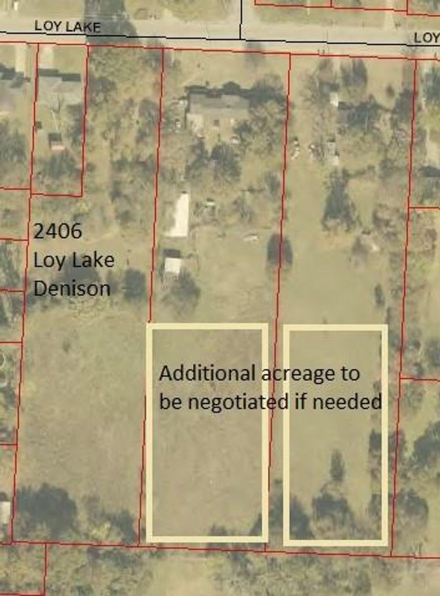 A Little over 2 acres of land available for single family home or development on Loy Lake Road in Denison.  There is a storm shelter on the property and utilities are readily available since it once had a house on it. Contact listing agent for appointment to walk the property. An additional 2 acres are available at back of property owned by two additional sellers which can be negotiated to create a larger investment area.