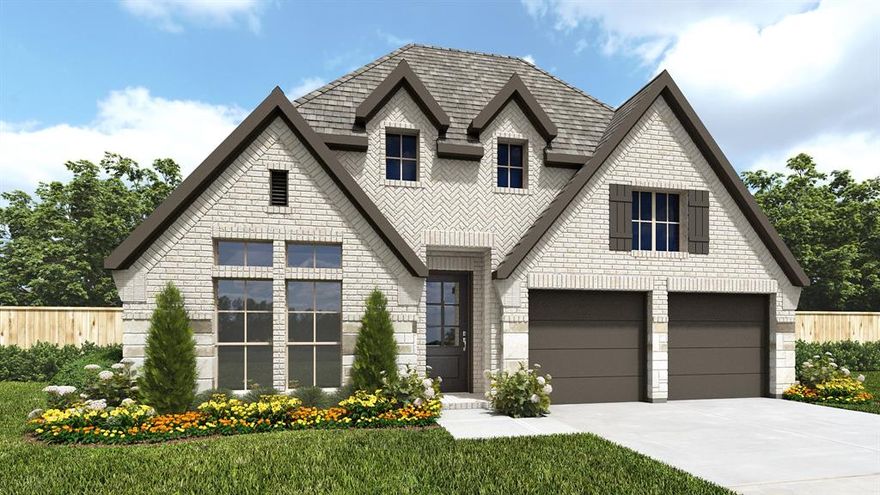 Home office with French doors set at entry with 12-foot ceiling. Coffered extended entry leads to open family room, kitchen and dining area. Family room features wood mantel fireplace and wall of windows. Kitchen features 5-burner gas cooktop, corner walk-in pantry, and generous island with built-in seating space. Primary bedroom highlights 12-foot ceiling and wall of windows. Double doors lead to primary bath with dual vanities, a freestanding tub, and separate glass-enclosed shower with separate walk-in closets. A guest suite with private bath adds to this one-story design. Covered backyard patio. Mud room off two-car garage.