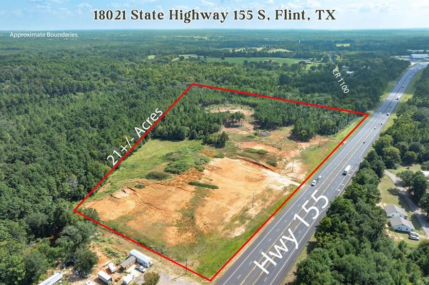 Endless Opportunity Awaits on 21± Acres with 1300 FT of frontage on Highway 155! Welcome to this exceptional 21± acre tract offering the perfect blend of beauty, location, and versatility. Whether you’re dreaming of building your business, industrial park, multigenerational compound home, expanding your ranching operation, launching a business, or developing a thriving subdivision or retail strip — this property offers unlimited potential. Gently rolling terrain, scattered mature trees, and open land create a stunning natural backdrop for any vision. With prime frontage along Highway 155, this property provides outstanding accessibility and visibility — ideal for commercial ventures or future development. Perfectly situated between Tyler and Jacksonville, you’ll enjoy peaceful country living while remaining just minutes from shopping, dining, and modern conveniences. Bring your dreams — whether it’s a custom homestead with room for horses, a productive hay or cattle operation, or a new residential community — this land is ready to make them a reality. Local water provider is Southern Utilities. Video available.