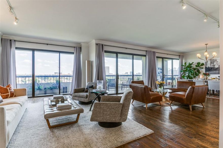 Great opportunity to own a fabulous home in the prestigious Warrington on Turtle Creek. All rooms have floor to ceiling views of the beautiful Turtle Creek & Dallas skyline. Gourmet kitchen with top of the line appliances, hardwood floors, impeccable condition & wonderful floor plan. Spacious living & dining opening up to a wonderful terrace overlooking all that makes Dallas special. Lovely library, charming powder room, fabulous primary bedroom with dual sinks & closets & an additional guest bedroom & bath. Amenities of the Warrington include complimentary valet parking, 24 hour Security, heated salt water pool, workout facility, and an entertaining room with catering kitchen.