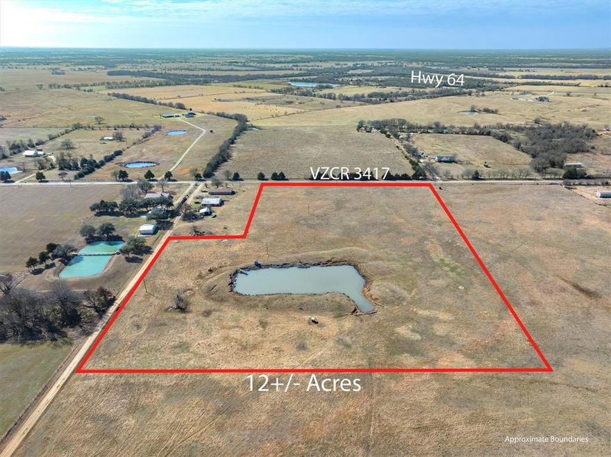 Beautiful 12± acres to be surveyed from a larger tract, offering open land and a scenic pond with pier, perfect for your new home. Enjoy a peaceful country setting with plenty of space to build, while still being conveniently located near Wills Point and I-20 for an easy commute to Dallas. Deed restrictions preserve the area’s quality; no mobile or modular homes allowed; minimum 1500 sq ft; new materials only; no storage of trash, inoperative vehicles; no multi family bldgs; buyer responsible for all fencing; one farm animal per acre; only one home per 4 acres. A wonderful opportunity to create your own Texas retreat with room to roam