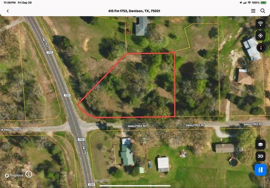 This exceptional 1.26-acre homesite is located at the corner of FM 1753 and Singletree Road, just east of Historic Downtown Denison. The property is outside the city limits and is served by the Denison Independent School District. Mature trees provide natural shade and a picturesque setting, making this lot ideal for building your custom home. Enjoy the tranquility of country living while remaining close to local amenities, schools, shops, and restaurants.
Site-built homes are permitted, ensuring a neighborhood of quality-built residences, while manufactured homes are restricted. Public water is available, and electricity is accessible at the property line. A septic system will be required. The property is zoned for residential use and offers ample space for a spacious single-family home, garden, or outdoor living areas.
This is a rare opportunity to own land in a desirable and growing area. Whether you envision a classic ranch or a modern farmhouse, this lot provides the perfect canvas for your architectural plans. For more information or to schedule a showing, contact your local real estate professional.