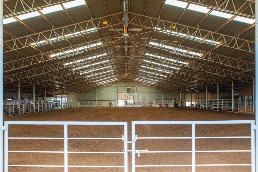 This exceptional turn key indoor rodeo arena and multi use property in West Texas was previously owned by 26 time World Champion. The indoor arena and adjacent 2 bedroom apartment served as his personal training headquarters...perfect for rodeo pros, barrel racers, team ropers, trainers, or livestock operations. With West Texas's booming AI infrastructure, it also appeals to AI support companies, industrial storage, or ops needing large adaptable space. The professional indoor arena handles year-round events...four bucking chutes, return alley, roping chutes, announcer stand with PA system, bleachers, office, men's and women's restrooms, concession stand. Three large fans, new skylights, LED lighting throughout, and roof-mounted laser lights replicate NFR barrel pattern for elite training. South side: 12 indoor stalls with fans, insulated tack room with rotating rack for 12 saddles, separate feed room. Partially covered stalls allow adding 15 more. Under same roof: updated 2 bed, 3 bath apartment with loft, large den...ideal for on site living. Outdoors: large roping arena with announcer stand, LED lights, 5 stall barn with insulated tack room and electric. Newer 30x35 barn: mostly concrete, dirt section, three large garage doors for drive through, full electric, 220 hookup. Insulated room adapts to office, shop, and storage. Easy conversion to large storage, equipment bays, auxiliary offices...handy near AI data center hubs. Access from US Hwy or CR. 12 large runs with piped water. Reliable well with multiple taps support RV expansion or subdivision. 21 full RV hookups for immediate income. 12 acre coastal Bermuda for grazing hay, abundant parking. Versatile as premier indoor rodeo arena in Texas, barrel racing and roping facility with NFR setup, horse boarding venue, homesite with RV income, or adaptive industrial use amid AI boom...convertible barns, highway access, water and power infrastructure suit service groups. Don't miss this rare opportunity.