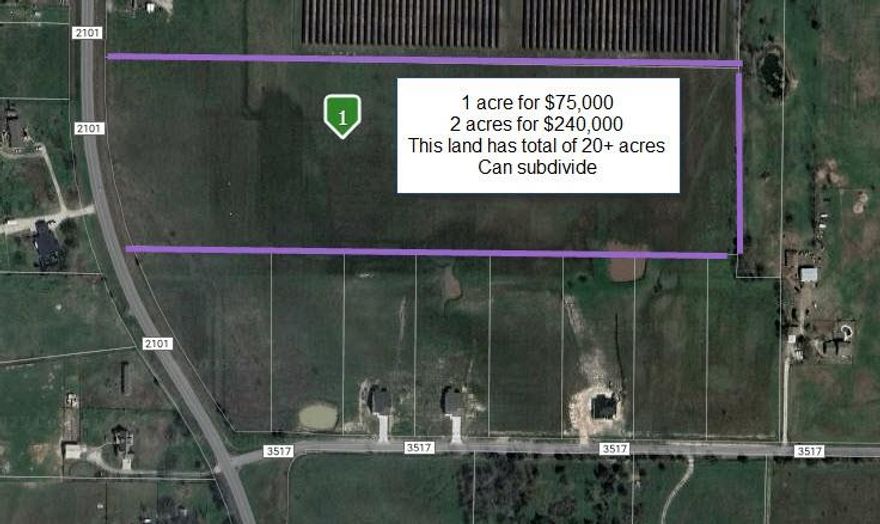 The seller owned 20 acres total.  Seller is selling One Acre for 75,000.00, 2 Acre for 140,000.00 and so on.  Builder or developer are welcome to purchase up to 10 acres.  There are no known restrictions and it has electric, and eight inch water line (Cash SUD) are in the front of the property.  Only a few minutes from the Lake Tawakoni, and about 10 mins to Quinlan Downtown, and 15 minutes from Greenville shopping center.  
Great area to start a subdivision.