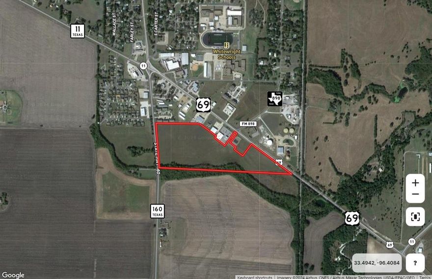 Unique development tract in the heart of Whitewright with frontage on 2 highways. The adjacent outparcels on U.S. Hwy 69 include Domino's, Dollar Tree-Family Dollar, Spring Market and O'Reilly Auto Parts. The property is zoned C-2 General Commercial District allowing for a variety of commercial uses plus additional uses beyond what is allowed in C-1. Travel Trailer Park is a permitted use. City water and sewer to site.