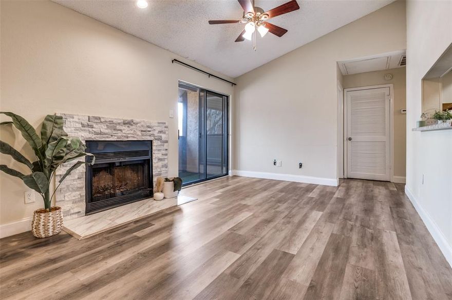Awesome location in the Cloisters Condominiums of North Arlington. Updated second floor unit ensures no noisy neighbors above you. Kitchen has stainless steel appliances, quartz countertops, electric range, microwave and refrigerator. Extensive wood like flooring and NO CARPET! The updated kitchen is open to living with brick fireplace. Bedroom has two windows and walk-in closet. Bath offers dual sinks and updated tile tub-shower combo. The amenities in the Cloisters include tennis-pickleball courts, recreation center with table games, racquetball courts. Clubhouse, multiple pools, fitness room, sauna. Location is within walking distance to ATT Stadium, Choctaw stadium, Globe Life Park, Texas Live, with dining and shopping. No FHA or VA financing.