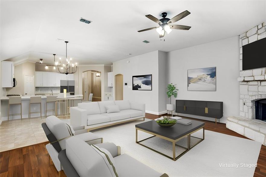 Gorgeous SINGLE STORY home with May 2024 renovated open floorplan bi tonal kitchen, countertop and backsplash. So many upgrades! This is not your usual rental home. Upgrades include additional kitchen storage, electric car outlet, designer lighting fixtures, plantation shutters, HVAC with Healthy Climate Media Air Cleaner and neutral color matches every style! No carpet in common areas and plenty of natural light.  The primary bedroom is like an oasis with tray ceilings and a spa like light wood vanity and walk in shower. Two secondary split bedrooms share a secondary bathroom.  Plus another 4th bedroom that would make the perfect office space for remote work with another full bathroom.  This fantastic floorplan is hard to find and every space is perfectly functional.  Diagonally across from Jesse McGowen elementary in McKinney ISD and walking distance to community pool.  Centrally located to 121 and 75 with plenty of entertaining and shopping all around. WELCOME HOME!