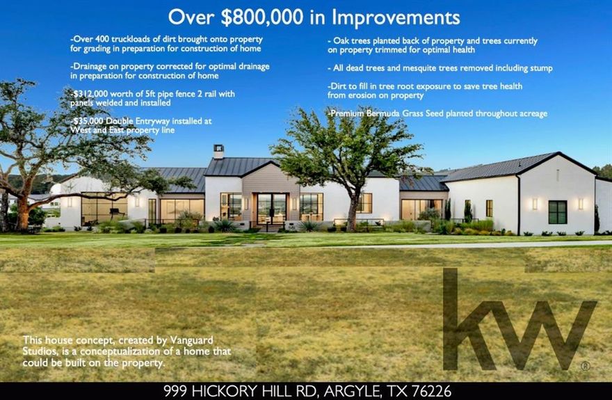 Beautiful treed land in the heart of the most desirable area of Argyle!  Over 400 truckloads of dirt brought onto property for grading and drainage was corrected on the property for optimal drainage flow to prepare site for building.  All mesquite trees & ailing trees removed with the root ball.  All remaining trees were trimmed.  $312,000 of pipe fencing installed & $35,000 double entry at each end of land installed.  Over $800,000 of improvements have been completed on the property.  There is currently an agricultural exemption in place for beekeeping on all 11.036 acres.  Property taxes are currently $14 per year.  Hilltop Elementary is 1.8 miles, Argyle Middle School is 2.5 miles, Argyle High School 5.3 miles and Liberty Christian School is 4 miles away!!!  Come build your dream home and create the lifestyle you have been longing for in the heart of Argyle.