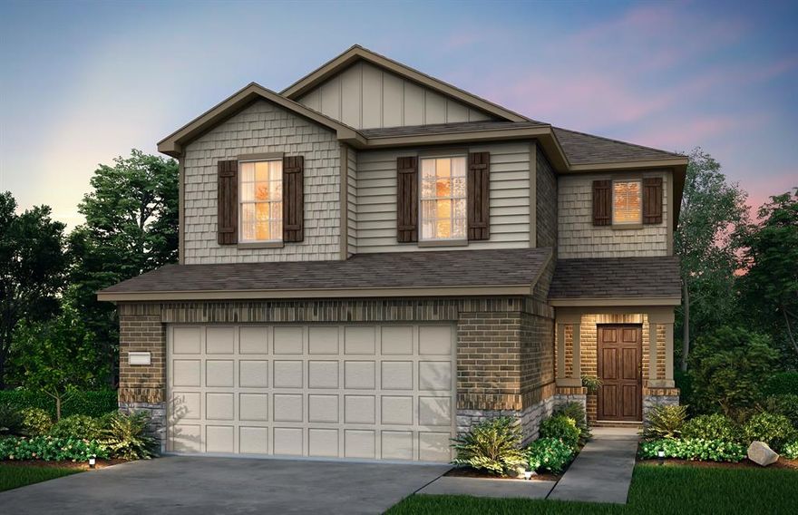 NEW CONSTRUCTION: Travis Ranch by Centex in Forney. Two-story Camelia plan - Elevation E.  Available for February - March 2023 move-in. 3BR, 2.5BA + Loft + Smart Home Wiring + Stainless Appliances + LVP Flooring + Double Vanity in Owner's Bath - 2,041 sq. ft. Spacious home with a loft, secondary bedrooms, and a large gathering room.