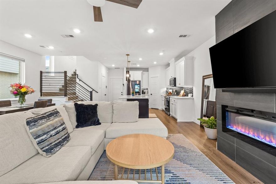 Welcome to this Move-In Ready, stunning townhome located in the award-winning community of Windsong Ranch, nestled in the highly sought-after Prosper ISD. This modern luxury townhome boasts three beds and two and a half baths, offering the perfect blend of style and functionality. As an end unit, the townhome provides extra privacy, an abundance of natural light, and additional upgraded data capabilities. The open-concept floor plan seamlessly connects the kitchen, dining, and living areas. The stylish and functional kitchen is complete with breakfast bar, gas range and stainless steel appliances, while the living area offers a cozy space with modern fireplace to relax and unwind. Upgraded lighting throughout the home can be controlled with remote access, offering convenience and energy efficiency at the touch of a button. Step outside into your pergola covered patio with turfed yard—an excellent space for outdoor entertaining without the maintenance of a traditional lawn. The two-car garage provides plenty of storage space and includes an electric car plug with a full permit, making it perfect for eco-conscious homeowners. Upstairs, the open loft area is versatile and can be used as a home office, playroom, or additional living space. The private primary suite is a true retreat, featuring a luxurious ensuite bathroom with oversized walk-in shower, dual vanities, and a spacious walk-in closet. Windsong Ranch offers an impressive array of world-class amenities, including picturesque walking trails, parks & playgrounds, resort-style pools, a state-of-the-art fitness center, a 5 acre tropical crystal clear water lagoon complete with full beach area, event lawn and more. With its unbeatable location, modern upgrades, and exceptional community, this townhome is a must-see for those seeking a high-end living experience in the sought after city of Prosper. Zoned for the brand new RICHLAND HIGH SCHOOL set to open in August 2025!