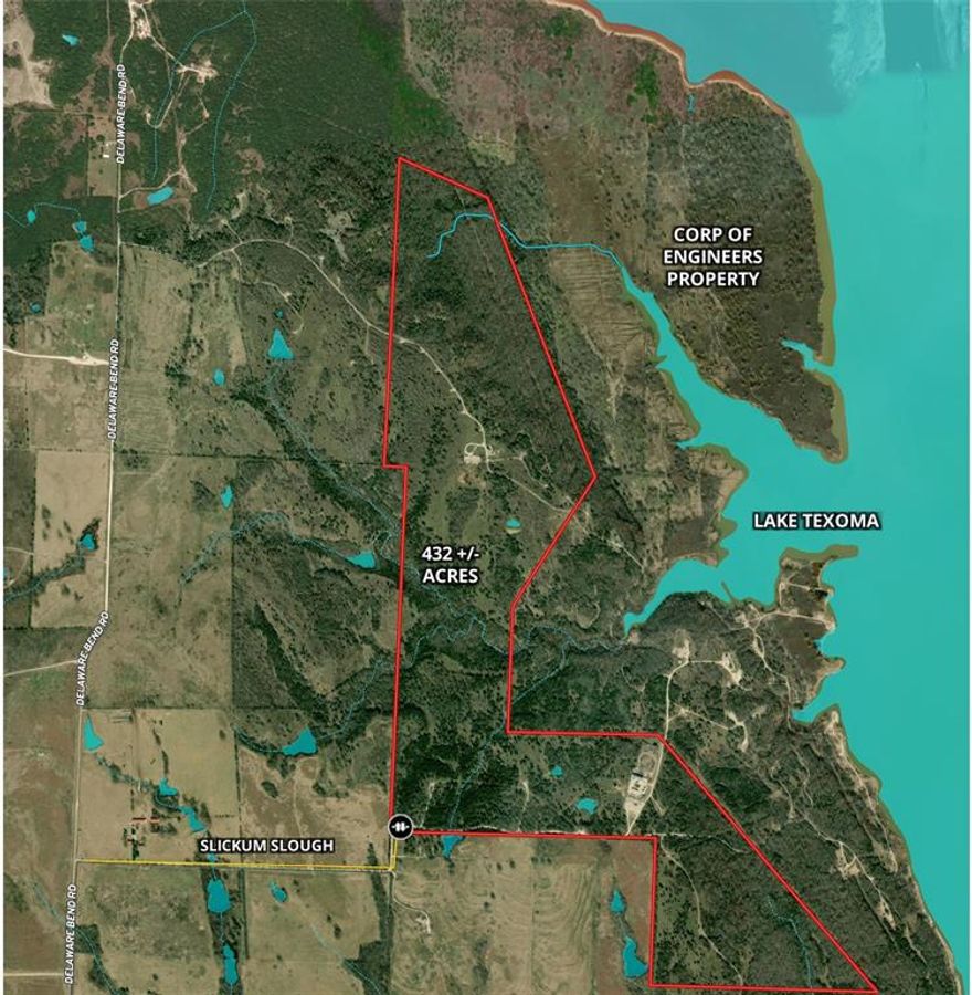 Recreational dream property adjoining Lake Texoma!  Hunting, fishing, four wheeling or just relaxing are all possible on this 432 acre property.  This very unique property adjoins the Corps of Engineers land on Lake Texoma.  There are approximately 3 miles of Corps frontage adjoining over 700 acres between you and the Lake.  The terrain is varied with elevation changes of 145 feet with the highest at 775 feet.  There are 3 ponds, several creeks, open grazing areas, and a large blanket of hardwood trees. Northern Grayson County is known for its Whitetail deer and Lake Texoma for its Striper fishing. Wildlife hunting and fishing can be nothing less than exceptional! It has one entry at Slickum Slough and is fenced for cattle. This property is a rare find as there are no other properties on the market that adjoin Lake Texoma with this amount of acreage.  There are active oil and gas leases in place on the property. Minerals do not covey but could be negotiated.
