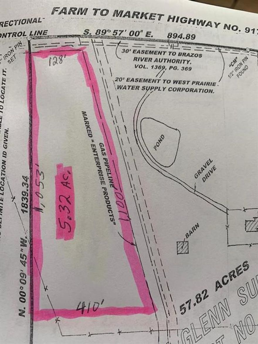 Semi level 5.32+- acres to be surveyed from larger tract of Parcel ID # 126-0310-00300. West side and front are fenced with barbed wire. East side and back are not fenced. New east property line will follow the west side of the pipeline easement and will not include the easement in the sale. Buyer will be responsible for new survey, getting property re-plated to Johnson County, and get a variance for the frontage being (128' +-) which is less than 150' minimum. The new city limits sign of Godley is approx. a mile east of this property, but this property has not been annexed into the city limits. Seller will retain a drainage easement across the property for overflow of their pond into the Nolan River. Highway access to the property will be the responsibility of Buyer. Property is restricted to no swine, no wrecking or salvage yards, and no Mobile Homes. No restrictions for commercial uses. 
Lot size and shape are an estimate. Must obtain permission to enter property thru Listing Agent