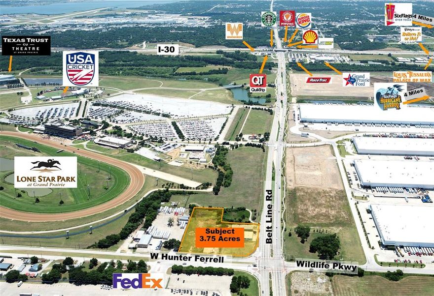 HARD CORNER. Fantastic 3.75 +- acre development opportunity overlooking Lone Star Park and very close to Texas Trust CU Theater in Grand Prairie and the new Major League Cricket Stadium. Signalized intersection, frontage on Belt Line Rd and Hunter Ferrell with high visibility and high and growing traffic counts. Would be ideal for retail, restaurant, hotel, entertainment, or combination near the horse races at Lone Star Park or events at Texas Trust CU Theater. Mixed Use Zoning in PD-217, ordinance 5661 available in download section.  Across Belt Line Rd is  5 million+ sf industrial development. Hunter Ferrell turns into Wildlife Pkwy which is currently being improved to 161. What a tremendous opportunity!!!
Buyer to verify all information contained herein.