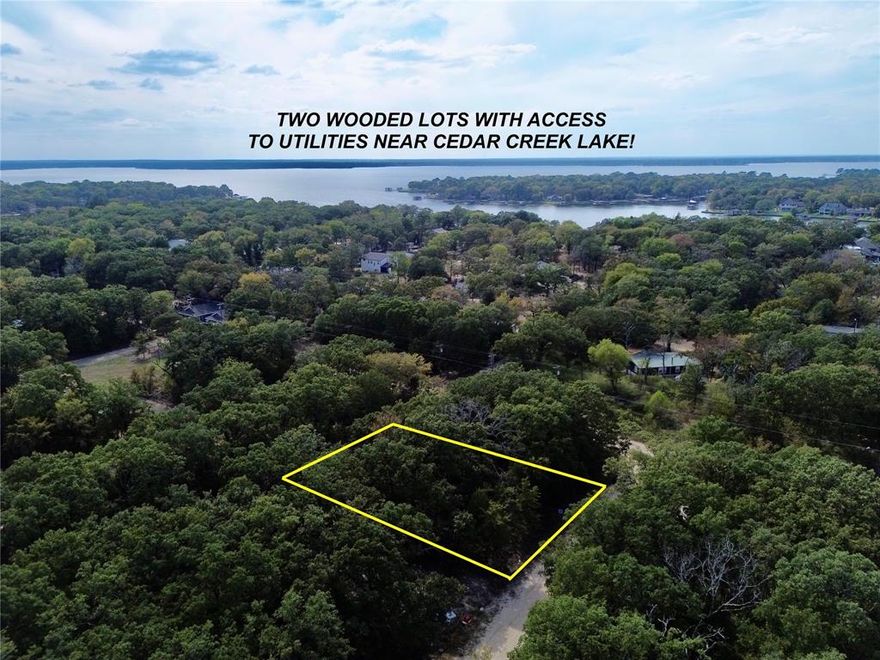 Two nice wooded lots near Cedar Creek lake located in the waterfront Cherokee Shores subdivision! Property dimensions are 100ft of road frontage & 100ft deep totaling .229 of an acre. Lots have a mix of beautiful oak and pine trees. Recently surveyed, markers on-site on property corners! Access to water, sewer & electricity, no need to worry about a septic system! Would make a great homesite for manufactured home, site-built home, full time resident or weekend retreat. 800sqft minimum. Neighborhood has a park, gated swimming pool, tennis court, & boat ramps for residents. Located in Eustace ISD! Conveniently located on east side of the lake making for some quick trips to Eustace, Mabank, & Gun Barrel City & only an hour away from metroplex!