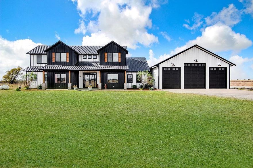 Luxury modern farmhouse living meets refined functionality an exceptional, custom estate set on 4.4 acres with high-end finishes, resort style amenities, and showstopping spaces inside and out.
From the moment you arrive, this striking black and white metal exterior, expansive front porch, and clean architectural lines set the tone for a truly unforgettable property. Inside, the home opens to a stunning open concept living room and kitchen, designed for both entertaining and everyday luxury. Oversized windows flood the space with natural light, while the chef’s kitchen features quartz countertops, a pot filler, a commercial style gas range with an electric oven, and a beautifully designed butler’s pantry perfect for additional prep space, small appliances, and keeping the main kitchen pristine.
With 4 spacious bedrooms, 3.5 beautifully appointed bathrooms, and a game room, the home offers the ideal blend of comfort and upscale style. A partially finished, climate controlled flex room provides endless possibilities of an office, hobby room, home gym, or extra storage.

The outdoor spaces elevate the experience even further. A sparkling pool creates a private oasis surrounded by wide open Texas views. The property is already equipped with gas lines ready for an outdoor grill, a firepit, and a generator hookup, giving you luxury and peace of mind year round.

For those needing serious workspace or storage, the estate includes an impressive 2,400 sq. ft. metal shop with RV parking, full RV hookups, and an electric car charging, a rare combination of utility and high-end appeal.

13021 FM 2331 is a one of a kind modern metal farmhouse   masterfully designed, impeccably equipped, and built for a lifestyle of luxury, comfort, and freedom.