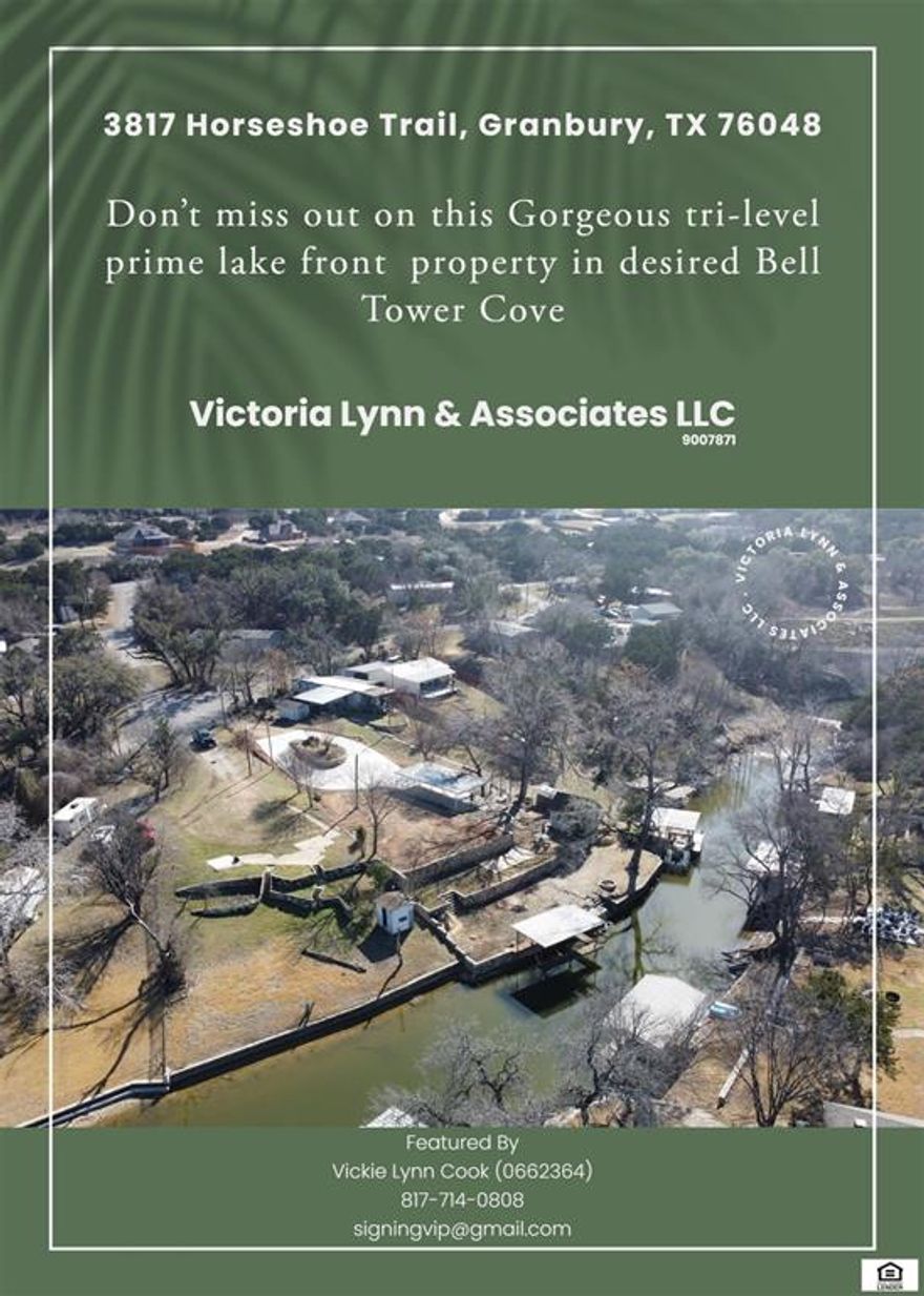 Check out this amazing lot on waterfront to build your dream home on famous Lake Granbury!! Tri level lot, palm trees, views that will knock your socks off! Bell tower cove with AMAZING VIEWS and about 30 seconds by boat to main body!! Boat dock needs some work, there is a carport, and tough shed. Site and soil was already done, and I just confirmed that they are still valid per Hood county environmental. Outside the City Limits, you needs permits for ONLY Septic. Build your dream Lake house, in one of the best neighborhoods in Hood County. No mobile homes allowed, but Stick built, & Barndo's are allowed. Call today to schedule your appt to view hit gorgeous lot.