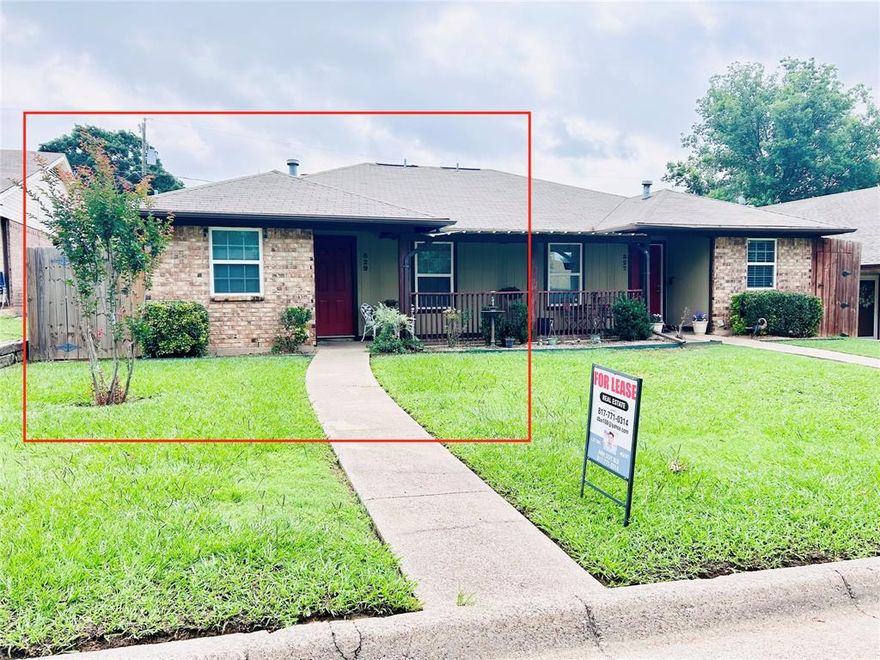 MUST SEE!!!  This recently renovated cozy 2 bedrooms and 2 baths duplex located in Guerin Square Arlington, TX.. Light, bright & open floor plan. New luxury laminate plank flooring throughout the home (No carpet). Living room has corner fireplace & opens to dining room and kitchen. Kitchen has new granite counters with breakfast bar. Primary bedroom have it own private updated bathroom walk in shower.  Small fenced backyard with open patio. 2 car carport parking in back alley. Easy access to major roads and shopping. -No pets and smoke -No loud music-noise. (Shared wall with older retired couple next door) -No painting or major remodel -No cable or dish is allow to be mounted on roof exterior siding (any install must be approved by landlord before install) -90days quality checks -Renter insurance is required ***All information contained within is deemed reliable, but not guaranteed. Buyer and Buyer Agent to verify all information.