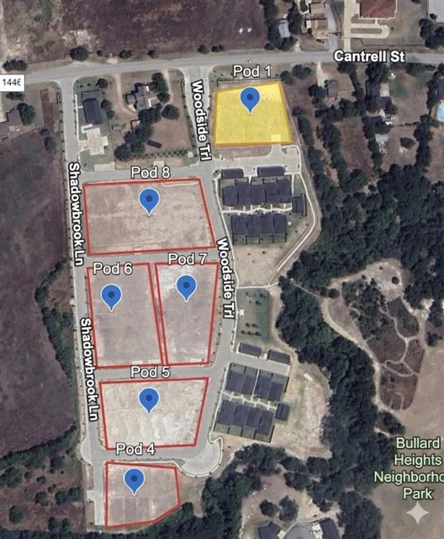 Perfect lock-and-leave development community pod ready for a builder! Pod 1 of The Cottages on Cantrell — an 8-pod, 17.348-acre cottage community in Waxahachie — includes 8 single-family lots plus 1 Carriage House Lot, fronting Shadowbrook Lane near Cantrell Street and Woodside Trail.  Per the PD agreement, the buyer will build the Carriage House and detached garages for the pod. Streets, sidewalks, utilities, and the community fitness-center amenity are already installed. Mandatory HOA (The Cottages on Cantrell HOA) covers front- and back-yard maintenance and water. Zoning is Planned Development-Single Family-3 under City of Waxahachie Ord. 3043; plat recorded at Instrument No. 2132382, Ellis County. Pricing sheet, CCRs, plat, civil plans, and zoning deck available to qualified buyers. Buyer to verify all lot counts, dimensions, utility taps, and HOA fees prior to closing.
