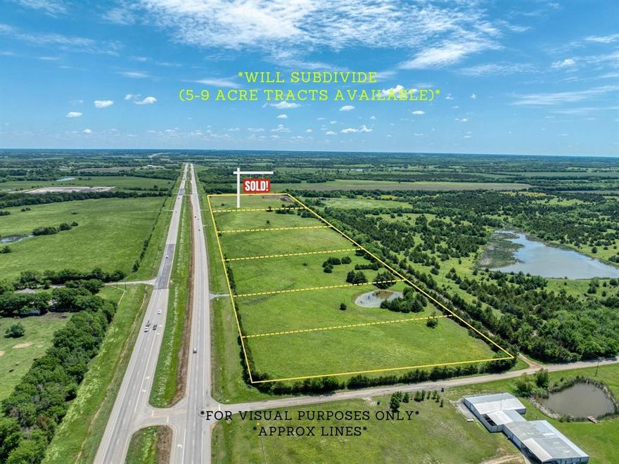 ** This property offers the flexibility to be subdivided from 5 to 9 acres per parcel or purchased as one large tract **

Exceptional unzoned property with prime US-82 frontage, offering outstanding commercial potential in a rapidly growing area. The property's layout and access make it ideal for future development opportunities. Utilities are now even more convenient, with electricity on-site and water nearby. The strategic location offers quick access to nearby growing communities. Bonham is less than 10 minutes away and has recently announced over 1,000+ new homesites within close proximity, adding strong long-term demand and investment potential. Sherman, just 30 minutes away, continues to

attract major employers like Texas Instruments and other large corporations, fueling regional economic growth. The property benefits from road access on all four sides and sees daily traffic counts of over 34,000 vehicles, providing excellent future visibility. Flexible options allow for subdividing from 5 acres up to 9 acres per tract to accommodate different development plans. This is a rare opportunity to secure an unzoned property with strong commercial potential in a prime location near Bois d’Arc Lake. Whether you plan to develop soon or hold for future value, this tract offers exceptional flexibility and investment upside.

*Buyer to verify all information*