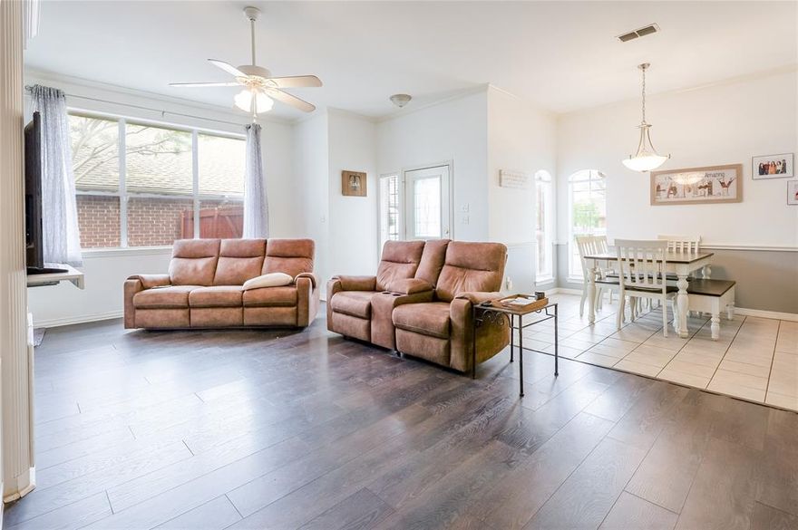 Charming home in Enchanted Gardens! This 3 bed, 2 bath home offers 1,591 sq ft of open-concept living with updated flooring and abundant natural light. Spacious living area flows seamlessly into the dining space and kitchen featuring ample cabinetry, modern backsplash, and generous counter space. Neutral tones throughout create a clean, move-in ready feel. Attached 2-car garage and low-maintenance lot.