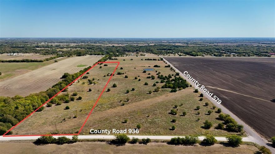 This 10-acre tract offers excellent proximity to two major thoroughfares, located just half a mile off State Highway 121 and Highway 78. The property sits outside city limits with a current agricultural exemption in place. An existing electric line and water line are present on County Road 936. The property is ideally located just 10 minutes east of the rapidly growing cities of Melissa and Anna, and only a short drive to McKinney. Additional acreage is available.