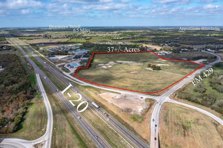 This exceptional 37-acre property is located in Terrell only 30 mi east of Dallas at the hard corner of I-20 and FM 429, offering a prime commercial opportunity. Situated in the second-fastest-growing county in the USA, it features 700 feet of frontage on the I-20 service road and approximately 1,000 feet on FM 429. Daily traffic count of over 58,000, provides excellent exposure to I-20. Located approximately 2 miles east of the Terrell city limits,  easy on-off access east or west on I-20. No floodplain according to FEMA overlay. This level tract is ideal for a range of commercial ventures, such as a large truck stop, industrial site, distribution center, self-storage facility, RV and truck parking, and more. The possibilities are extensive, making this property a prime investment opportunity. With its strategic location and high-traffic visibility, this property is positioned to meet the demands of businesses seeking a prominent commercial presence in a rapidly growing area.