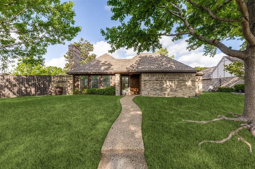 Beautiful, remodeled, three bedroom, two bathroom, two car garage home located in a highly desirable Plano neighborhood known as Hunters Glen. This home was designed by an architect for his family and is a one owner home.  The home has been lovingly remodeled.  The Formal Living, Formal Dining Room, Foyer and Hallways have gorgeous hardwood flooring. The Living Room features a wood-burning, brick, fireplace with gas starter and a vaulted ceiling.  Large windows overlook the oversized back yard which features a swimming pool, gazebo, and large concrete padded area with a basketball hoop. The kitchen has granite counter tops with a breakfast bar to allow eating in the kitchen and is open to a lovely Den with a second wood-burning fireplace with a gas starter, and a wet bar.   The home also features three bedrooms, two of which have windows that overlook an interior courtyard that is a perfect place to have a glass of wine or your morning cup of coffee.  There are two additional bedrooms, one features a built-in desk area.  Both the Primary bathroom and Second Full bathroom have been remodeled and feature granite counter tops and tile flooring.  The primary bathroom features a walk-in shower and dual sinks. The windows were replaced approximately 10 years ago and the HVAC includes a dehumidifier. This home is a single story home in the tree lined neighborhood of Hunters Glen.  The neighborhood is in the heart of Plano, and is perfect for nature lovers who will enjoy the nearby Chisolm Trail and Big Lake Park complete with miles of walking trails, a lake and a playground area. Easy access to I-75, 190 George Bush Turnpike, and Sam Rayburn Tollway.  Minutes from the dining and shopping areas of Watters Creek and Legacy West and only minutes from the DART Rail Station.