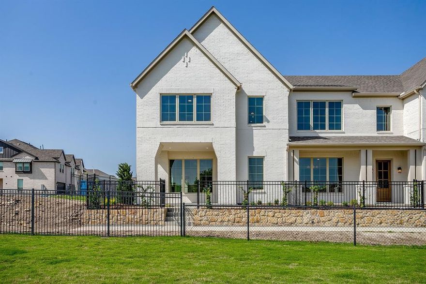 Wonderful townhome opportunity on Carnegie Row built by upscale builder High Street Homes, offering luxury & style, now in a more affordable townhome product. This corner unit, generous with natural light, offers a charming path to a secondary entrance, a stunning porch overlooking the park and your own gated privacy.  For pet owners, this is across from the dog park!  This townhome is also conveniently located in the heart of FW's Walsh Village near pools, tennis courts, the maker's space and more. High Street Homes offers a turnkey, luxurious and truly upscale experience. Every detail has been thoughtfully curated - offering the perfect blend of sophistication, comfort, and functionality - all in an energy-efficient home. Part of High Street Home's appeal is found in their commitment to design-forward selections and this townhome delivers the same product customers have come to appreciate. The kitchen's appliance suite includes a 30” dual fuel range with a 5-burner cooktop, dishwasher and vent insert. Upscale selections include bone Riad tile backsplash, honey bronze hardware, shaker cabinets and leathered countertops. Value is in the details with full overlay, soft-close custom cabinets and antique brass lighting, providing a timeless while still modern aesthetic. This home features foam insulation and a tankless water heater for year-round comfort and lower utility costs. Built with longevity in mind, ZIP System sheathing provides superior structural integrity and enhanced protection. Living in Walsh Village means access to world-class amenities, including scenic parks, lush walking trails, resort-style pools, a state-of-the-art fitness center and outdoor recreational spaces. Whether you're entertaining guests, working from home, or unwinding in your private retreat, this turnkey residence offers the perfect balance of luxury, style, and convenience. Schedule your private tour today and experience the unparalleled Carnegie Row lifestyle firsthand.