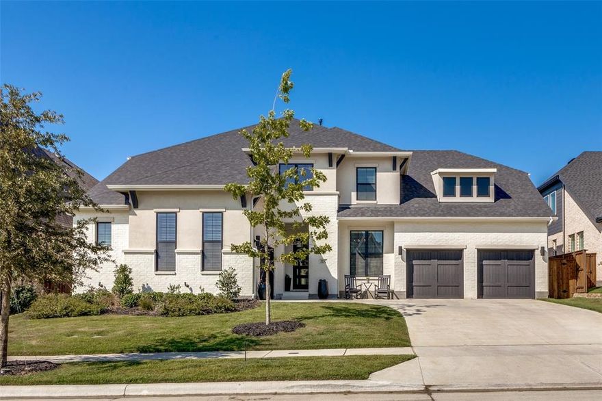 Seller Relocation is Your Reward! *LIKE NEW DREES GRANTLEY PLAN in SOUGHT AFTER ALEDO ISD* This 4 bed 6 bath 3 living 2 study spacious beauty has upgrades galore! Each bed has its own en-suite bath! The grand elevation with split 3 car garage, premium exterior facade and ample parking welcome you through the custom 5 pane glass door into the spacious entry with hardwood flooring throughout. The private French Doored formal study is perfect for remote work, near the private guest ensuite. The living room has cathedral ceilings, an electric gas start fireplace w custom mantle accentuated by owner added floating bookshelves & cabinets. Two sets of electronic shaded twin slider doors lead onto the 34x10 covered patio w a gas grill connection and no neighbor behind! The chef’s eat in kitchen has a grand leathered granite island w bar seating, a stainless farm sink, 6 top gas burner stove, double oven, walk in pantry, shaker cabinets & custom backsplash. The formal dining has a great view of the green space. The oversized primary en-suite has built in cabinetry, a coffee bar, tray ceiling, slipper tub, dual sink vanity, large walk in shower and closet w custom cabinetry that leads directly into the utility room w sink and granite folding bay. The mudroom is ideal for storage and two powder baths are great for entertaining. Upstairs find the second living room w tray ceiling & large media flex room that can also serve as a gym w custom gym mat. The second office up has a built in desk w custom cabinets. Both beds up are spacious and each have their own en-suite bath & walk in closets. This entertainers delight on a 70ft lot has everything you need including owner added Culligan whole home filtration system w reverse osmosis, garage epoxy flooring w custom storage racks, and custom installed window blinds throughout!