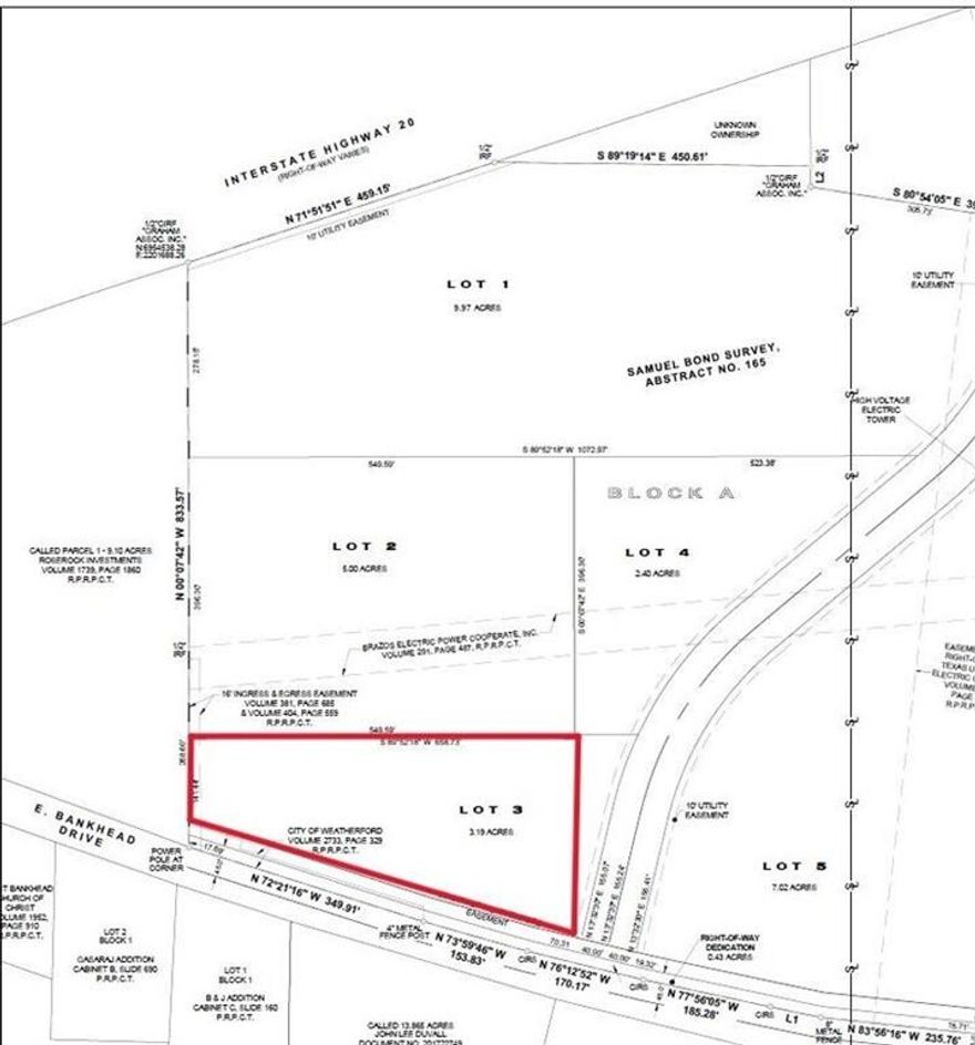Located off I-20 and E. Bankhead Hwy providing high visibility for this 3.19-acre lot. This property is ideally suited for commercial development and is within the Tax Increment Reinvestment Zone.  It is a convenient 25-mile drive to Fort Worth and less than 60 miles to Dallas from this property.