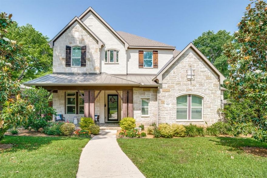 Nestled in a quiet cul de sac, this family home in the heart of Lakewood exhibits a style reminiscent of Hill  Country architecture. The stone façade and a covered porch create welcoming curb appeal. A glass-paneled front door leads to the interior, past a study with glass paneled doors and down the hall to a spacious and open kitchen and living and dining areas. Completed in 2016, this home feels fresh and well-cared for, with rich hardwoods extending seamlessly throughout the kitchen, living and dining areas. An expansive marble-topped island and breakfast bar lend a sense of presence and definition to the kitchen area, along with a multitude of seating options. GE Monogram appliances, High ceilings throughout the kitchen, living and dining areas lend an open and airy feel to the entire first floor. An outdoor patio French doors lead to a cozy patio which offers a serene patio,entertaining area featuring a gas fireplace and seating areas for a true outdoor retreat.
A downstairs master bedroom featuring a cathedral ceiling leads to a crisp and clean lined, master bathroom, finished in shades of white flanked by gorgeous fixtures which add an air of sophistication to the space. 
One and a half additional bathrooms, and one more bedroom downstairs make this home well suited  for guests. Upstairs, three additional bedrooms and a playroom offer additional functionality, as well as space for fun and games. The backyard is turfed and features a sprinkler system, a board on board privacy fence. This lovely home is perfect for indoor outdoor entertainment and many gatherings.