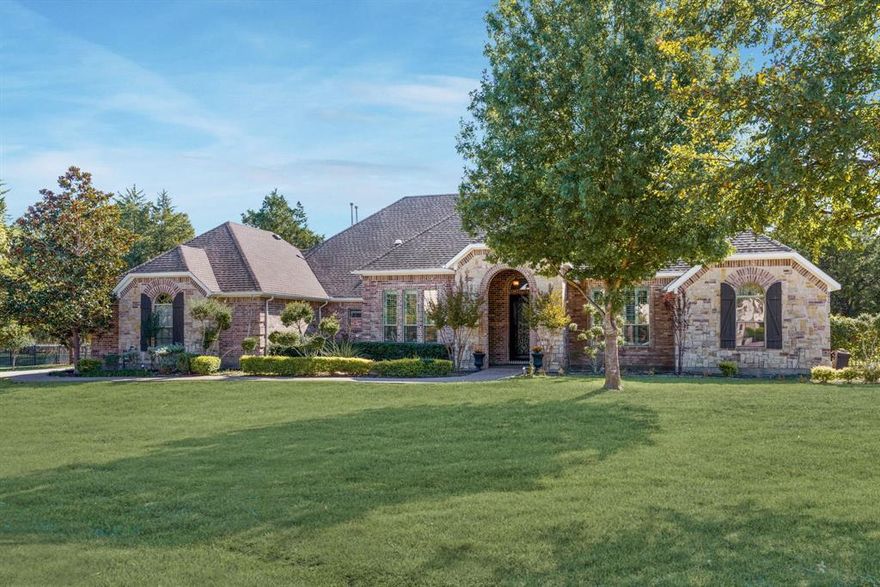 Highly desirable one-story in upscale, private, neighborhood. Impressive, custom iron door entrance. Gorgeous hand scraped hardwood floors throughout main living areas. Gourmet kitchen includes breakfast bar, island and dining area with expansive open flow to great room. All overlook pool-patio serenity. Second, bonus living area-media room off kitchen, equipped with projector and mounted movie screen. Additional office space off foyer-entry with closet and double doors. Beautiful arched walkways between all main living areas. Large pool deck area for entertaining and everyday fun. Gas line on patio for grill connection. The surrounding backyard boasts a variety of mature trees. Just minutes from a plentiful variety of retail, restaurants, grocery, entertainment, walking trails, medical and more. Easy access to 75 and 121.