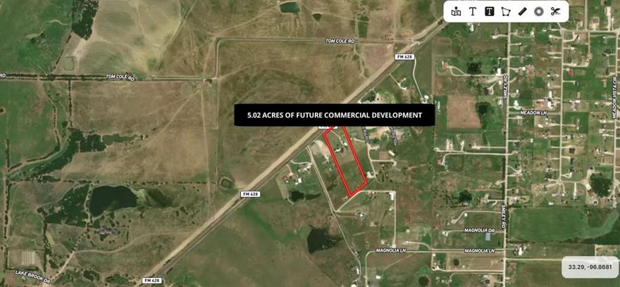 5.02 acres in the Booming Celina, Prosper area with approximately 280 feet of frontage on FM 428. This property is prime for commercial or residential development. It is directly across FM 428 from a large new subdivision currently being built. There is a cute 3 br 2 bath home on the property that could be leased out until Zoning changes. Property is .75 miles South of the Planned Denton County Outer Loop so location couldn't be better for an Investment.