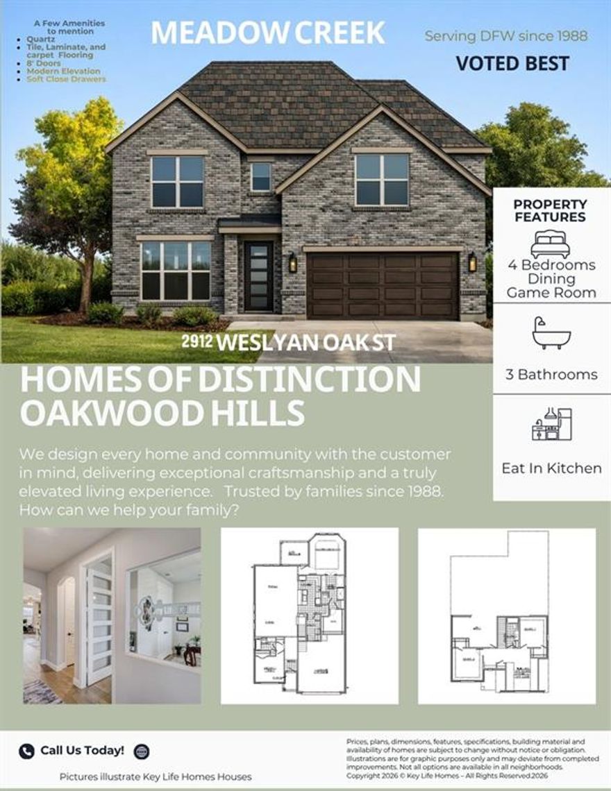 MLS# 21135392 - Built by Key Life Homes - May 2026 completion! ~ Discover this stunning, traditional single-family residence nestled in the desirable Oakwood Hills subdivision right here in Bedford Texas near DFW airport. This thoughtfully designed home offers a large main bedroom with bay window & box ceiling with 3 spacious bedrooms, and 3 full bathrooms, providing ample space for family and guests. Spanning 2,630 square feet, the open floorplan features a welcoming living area, an eat-in kitchen complete with a central island, and decorative lighting throughout.  This home offers a loft landing for a study area if desired.    If you are seeking extra space in your home, look no further; this home offers extra storage space in both the garage (down) & a walk out attic Texas Basement style upstairs for your extra seasonal items.   Enjoy the convenience of a large pantry and walk-in closets.  This community has access to high-speed internet and cable TV availability.   Oakwood Hills has a community area with access to a walking trail nearby.