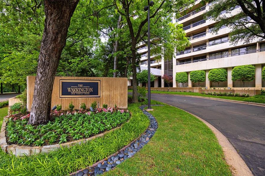 The Warrington is ideally situated in the prestigious Turtle Creek area, known for its lush landscapes, tree lined streets, and serene atmosphere. This luxury high rise boasts some of the largest terraces in Dallas in addition to being known for second to none resident services and amenities.  This beautifully renovated condo with terraces spanning the full length of the north and west sides of the residence is optimally located to capture stunning sunrises and sunsets.  The fully renovated kitchen includes beautiful marble countertops with a gorgeous waterfall edge, sleek flat panel walnut cabinetry and Bosch appliances.  The laundry room includes a second pantry space with an additional exterior entrance.  Stunning wood look tile floors span the entire living space providing an elegant, consistent look throughout.  Each of the three bedrooms include spacious closets with the primary bedroom featuring two closets.  Both bathrooms have been updated with modern floating vanities and sleek countertops.  The primary bathroom includes an oversized walk in shower with bench, linear drain, frosted glass door and multiple shower heads including a rainfall shower head.  

This residence includes two reserved parking spaces and an onsite storage unit. Monthly HOA dues include all utilities except electricity, internet, and cable. Additional amenities include a year-round heated salt water pool with a swim-current system, spa, outdoor kitchen with grill, tennis and pickleball court, basketball court, multiple dog parks and a fitness center with renovations underway.  Additional features include an owner's entertaining area with adjacent kitchen, valet parking, 24 hour security and concierge service. The Warrington was awarded High-Rise Property of the Year as well as High-Rise Manager of the Year from the DFW CAI!  Walk to the Katy Trail, Kalita Humphreys Theatre, the only Frank Lloyd Wright designed theatre, Reverchon Park and many wonderful Dallas restaurants and shops.