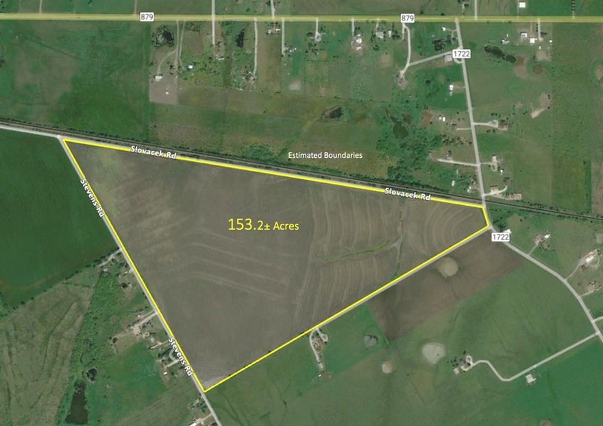 153.2± acres of land situated in between Palmer, Ennis and Waxahachie.  There is road frontage on three roads:  FM 1722, Slovacek Rd and Stevens Rd.  The current use is farmland, however this is a great site for future development in one of the fastest growing areas of North Texas.  This is in the County with an AG exemption.  No City utilities available, however electricity is available and Co-op water may be available from Rockett SUD.