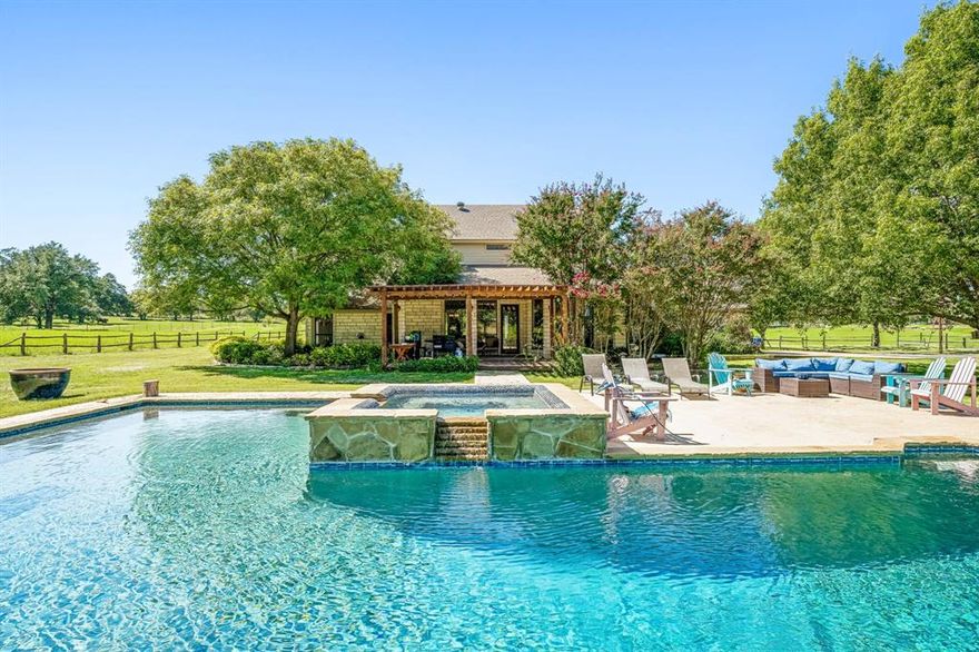 This beautiful 4-bedroom, 3.5-bath home is situated on 16.04 acres along N Hwy 281, just minutes from Stephenville. The impressive rock home features the master suite on the main floor, while three additional bedrooms and two baths are located upstairs. The open-concept lower level boasts a striking gas fireplace that can also be used as wood-burning. The kitchen is equipped with commercial-grade stainless steel Viking appliances, granite countertops, and custom cabinetry.

 Heated pool with hot tub and Aqualink system. Roping arena, cabin, a 4-stall barn with heated water, a tack room, and a feed room. There's also a second barn with two stalls and a feed-tack combo room, irrigated greenhouse and garden area, chicken coop, 3 RV hookups, and a spacious 40x60 workshop with an apartment and provides a separate entrance, ideal for your business needs.  New well pump 2024. The property has coastal and has produced over 40 round bales this year.