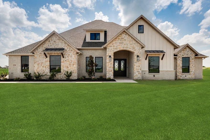 Enjoy this beautiful, NEW home by LMC Custom Homes on 1-acre lot in Waxahachie. Located in quiet & peaceful, country setting at The Ranch at Stonehill neighborhood. NO CITY TAXES. 4 bed, 3 bath, with office. Oversized 4th bedroom can be used as gameroom-flex space. You'll love the open floorplan with plenty of natural light, high ceilings & beams, specialty ceilings and wall accents. Family area with floor-to-ceiling stone fireplace. Home was custom designed with specialty touches throughout including elegant farmhouse fixtures. Entertain in spacious kitchen with GAS cooktop, gorgeous cabinets up to ceiling, large sit-in island, high end quartz countertops, PLUS hidden pantry. Large master bedroom & bath with HUGE master closet. Drink your morning coffee on back patio and enjoy country bliss. Don't miss out on this hidden gem!