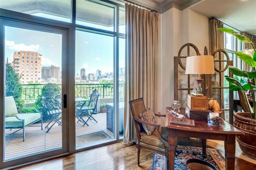 It’s not every day you find a showstopping 1,000+ square foot garden terrace in a high rise — much less a corner unit with breathtaking views of downtown Dallas. But at 2828 Hood Street #403, that’s exactly what makes this residence a standout. Located in Plaza II, one of Turtle Creek’s most desirable high-rise buildings, this beautiful condo combines generous outdoor space with the lock-and-leave ease of high-rise living.

This residence offers 3,554 SF of interior living area plus an irrigated terrace of more than 1,000 SF — providing over 4,632 SF of total lifestyle space. Floor-to-ceiling windows flood the home with natural light. The layout offers both formal and informal living spaces, all open to that amazing, irrigated terrace. Handsome library with built-ins and second fireplace. Primary suite offers his-and-her baths, garden tub, separate shower, amazing custom closets, and large sunlit dressing area. Gourmet kitchen with adjacent catering kitchen is perfect for entertaining. Second bedroom with ensuite bath, steam shower, jetted tub, and large custom closet. A rare opportunity in this building, the terrace is significantly larger than most comparable units and creates a one-of-a-kind private retreat in the city.
Three parking spaces (263, 264, 265) and private storage unit (S-45).