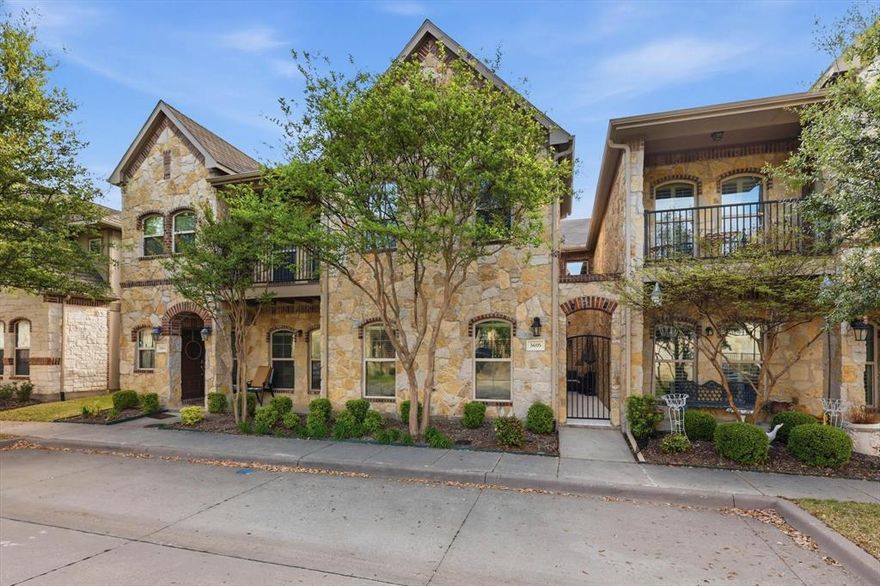 Experience the style, convenience, and low-maintenance living in this immaculate townhome featuring 3 bedrooms + Office Flex Space, located in desirable Hemmingway at Craig Ranch community. Quaint private courtyard patio with wrought iron gate. You are greeted by an open floor plan that connects the living, dining, kitchen area, and powder bath, perfect for entertaining guests. The inviting living room has a cozy gas fireplace, and flows effortlessly into an open kitchen featuring granite countertops, gas cooktop with pot filler, updated cabinetry. Upstairs, the primary bedroom is privately tucked away at the front of the home, and the vaulted ceilings showcase windows that are filled with lush greenery and natural light. The ensuite bath features double sink vanity, garden tub, walk-in shower, and large walk-in closet. Two additional bedrooms with walk-in closets, full bath, laundry, and additional flex space, provide an optimal upstairs layout. The two-car garage comes with a workbench and ample cabinet and overhead storage space. Out front is a private courtyard, great for al fresco dining. HOA includes pool, gym, clubhouse, and green space. Top rated Frisco ISD. Near HWY 121, shopping, restaurants, and parks.