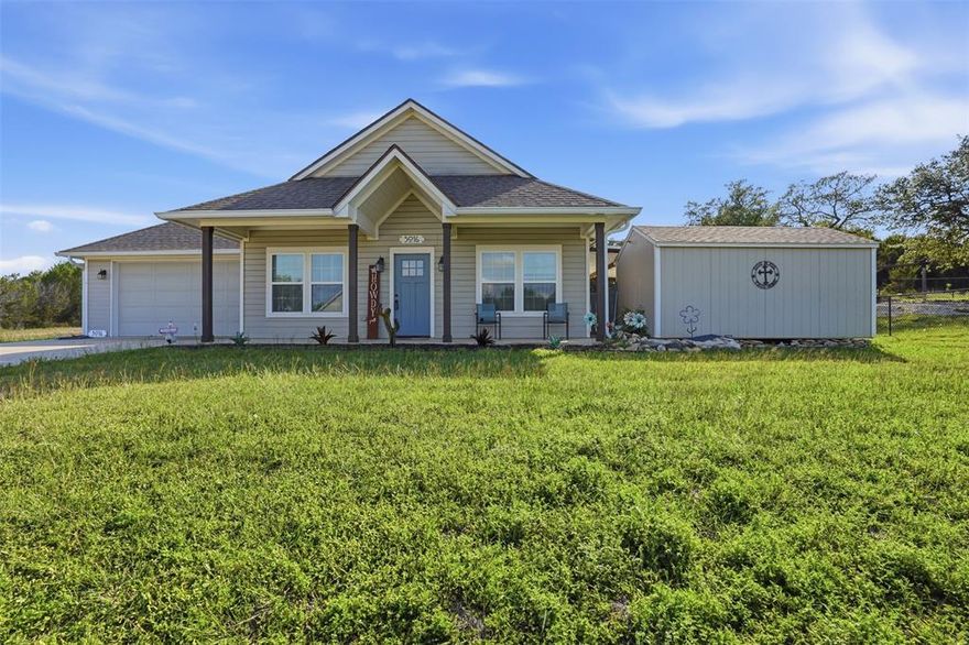 Beautiful 3-bedroom home in a guarded, gated community with open-concept living built in 2019 & perfectly maintained. This gorgeous 3-bedroom, 2-bath, 2-car garage home blends modern design with everyday comfort. This spacious home welcomes you with high ceilings & abundant natural lighting—creating a bright, airy feel throughout. At the heart of the home is a built-in kitchen featuring custom cabinetry, granite-top island with pendant lighting, sleek granite countertops, tile backsplash & stainless steel appliances, perfect for both daily living & entertaining. The desirable spacious primary bathroom en suite showcases a tile walk-in shower with dual sinks with granite countertops & under-mount sinks. Other notable amenities are wood floors, tile floors & barn door. The large backyard features a large covered patio with 15 x 10 art studio shed with window unit & electricity. Attractive curb appeal & low-maintenance exterior finishes complete this move-in-ready home. Located outside the city limits - NO CITY TAXES! Canyon Creek subdivision has something for everyone! Community features include pools, clubhouse, tennis & basketball courts, baseball field, playgrounds, picnic areas, docks, fishing pier, boat ramp & so much more. Don't miss the opportunity to live your best life in this charming lake community!