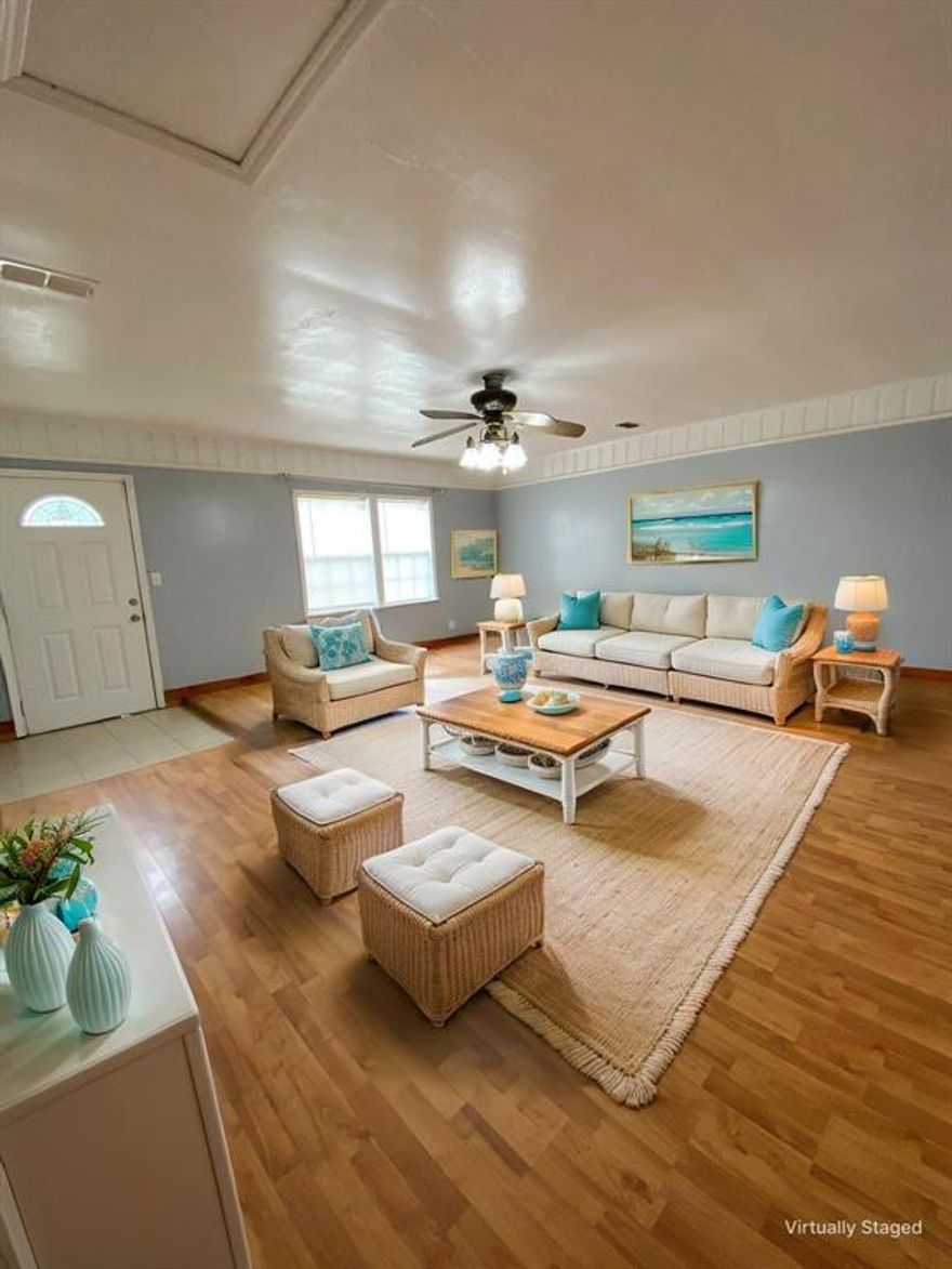 Check out this great home with 3 bedrooms, 2 full bathrooms. This home has 2 family rooms *LARGE living room*, dining room, and a *LARGE flex room* that can be a den, a playroom, it can serve as a space for multiple offices, can serve as a dual-purpose space or it can be converted to a *4th bedroom*. This home offers a large laundry room with space for storage, a large, covered patio and a fenced yard with 2 sheds for storage. This property does *not require flood insurance. Some of the photos have be staged with AI to show your what this home *could be*  Don't delay! Call to schedule your showing appt.!