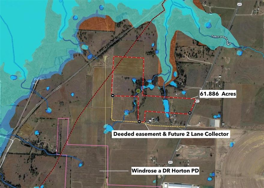 Prime investment opportunity. 61± acres along the Hwy 377 growth corridor. Directly outside the Pilot Point City limits. Adjacent to planned development, Windrose. 540' of road frontage long Hwy 377, and two additional access points through deeded easement. Deed easement marked as 2 lane collector in Pilot Point's master thoroghfare plan. Water on property and sewer available.  Ag Exempt, mix of grazing and cropland. No flood Plain. Abundant wildlife.