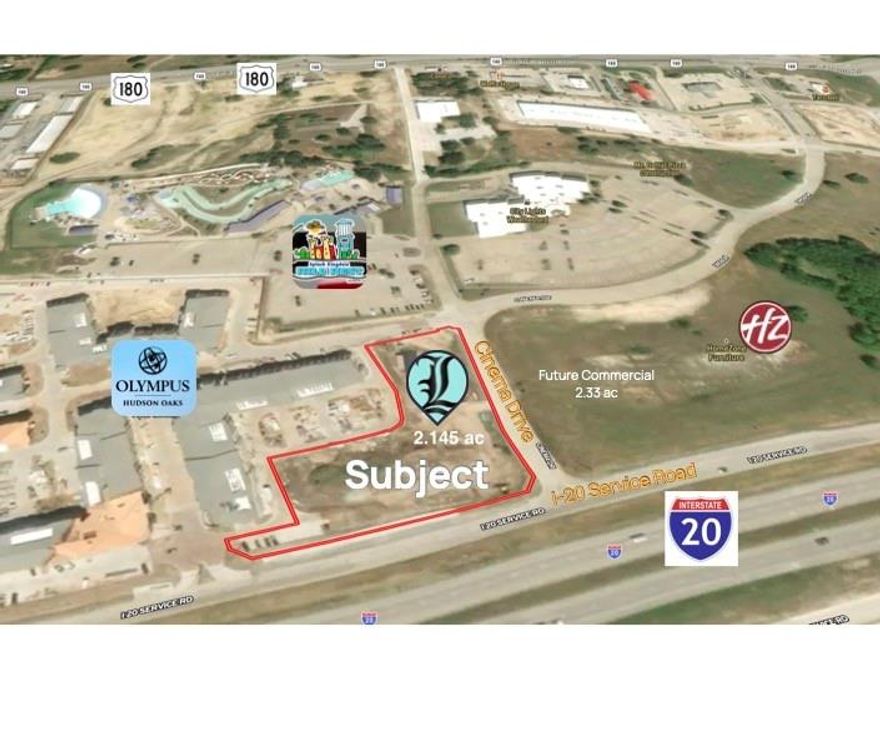 Prime Corner Commercial Lot with High Visibility in Hudson Oaks, TX. Seize this exceptional opportunity to own a premier commercial lot in Hudson Oaks, Parker County, Texas. This high visibility location boasts significant traffic counts on Interstate 20 and sits directly in the drive path to Costco, ensuring excellent exposure and accessibility. Strategic Corner Location with maximum frontage and visibility. City Utilities Available and Ready for development. No City Taxes benefits in lower overhead costs. 14,000 SF Retail & Office Plans, attached document called Creekside  will help streamline your project with city approved plans.  Seller willing to subdivide with flexible options to suit your needs. Position your business for success in this rapidly growing commercial hub. Contact us today for more details!
