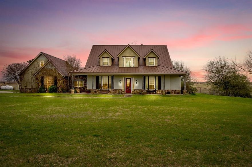 Sprawling 8 acre fenced property in Creeks of Aledo, offering 3 bedrooms, an office with closets that could be 4th bedroom, PLUS an interior one bed, one bath, separate apartment! Apartment features small kitchen, laundry, and living room. Upon entering the spacious home, you see the incredible light that flows through the impressive 2 story windows in the living room. Open to the kitchen and dining, the living room has built-ins and woodburning fireplace. From there you see the beautiful rolling acreage. Primary suite, office, and a full bathroom downstairs along with kitchen, large utility room. 2 additional bedrooms, full bath, 2nd living room upstairs. Off one upstairs bedroom, it is pre plumbed for future ensuite bath. Outside, a well-appointed barn features 2 additional car spots, 2 horse stalls, additional space with loft. Class 4 roof. Storm shelter, raised gardens, your country living dream can be realized!