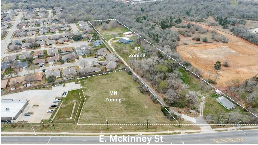 5090–5094 E. McKinney St., Denton, TX offers a rare opportunity to acquire ±6.7 acres with R7 (Residential 7) zoning already secured, providing immediate entitlement certainty and true development flexibility. Located along the expanding E. McKinney corridor in Denton, the property benefits from strong arterial frontage, high visibility, and convenient access to major thoroughfares—supporting consistent residential absorption and long-term value. (1.7 acres-zoning MN, also for sale)

Positioned directly across from Billy Ryan High School, the site enjoys built-in daily traffic and a stable neighborhood anchor that reinforces housing demand. This strategic infill location places future residents near schools, retail, employment nodes, and regional connectivity.
R7 zoning allows for a wide range of residential product types, including single-family detached homes, townhomes, duplexes, triplexes, and fourplexes. This flexibility enables developers to design projects aligned with Denton’s strongest-performing segments: missing-middle housing, build-to-rent communities, and attainable ownership product. The ±6.7-acre scale supports a cohesive master-planned concept, phased development strategy, or diversified unit mix to optimize yield while managing absorption risk.

In today’s environment, securing higher-density zoning within city limits is increasingly difficult and time-consuming. This property eliminates rezoning uncertainty and shortens the path from acquisition to site planning and vertical development. Denton’s steady population growth, university presence, healthcare expansion, and strong regional job base further strengthen long-term fundamentals.

For developers and investors seeking scale, density, corridor positioning, and entitlement security in one of North Texas’s most active growth markets, this is a developer-ready asset with measurable upside and execution-driven return potential.